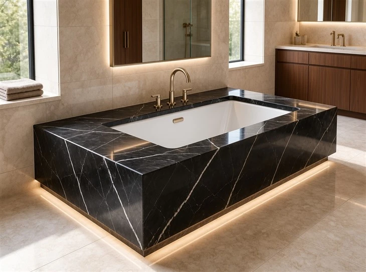 Nero Marquina marble bathtub deck with mitered corners and warm integrated lighting in a luxury primary bathroom