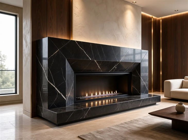 Nero Marquina marble fireplace surround with mitered corners and a matching hearth in a luxury contemporary living room