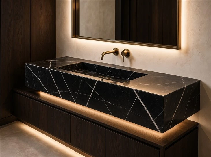 Nero Marquina marble vanity top with an integrated rectangular sink, mitered edges and dark wood cabinetry in a luxury bathroom